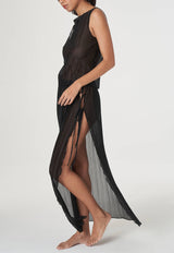 Pleated Light Lurex Boat Neck Tank Top Black