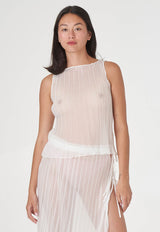 Pleated Light Lurex Boat Neck Tank Top White