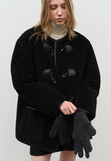 Collarless Buckle Vegan Shearling Jacket Black