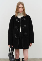 Collarless Buckle Vegan Shearling Jacket Black