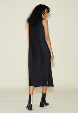 Wave Pleat Dress Black Poplin