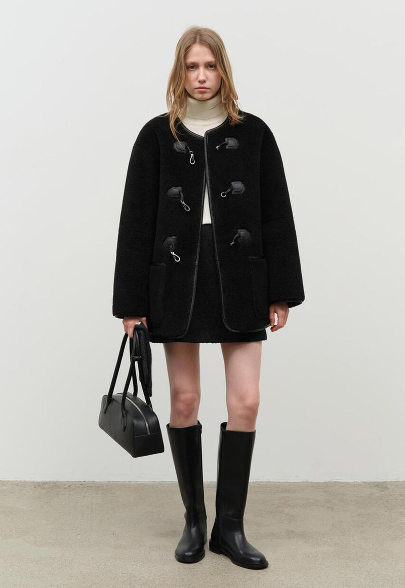 Collarless Buckle Vegan Shearling Jacket Black