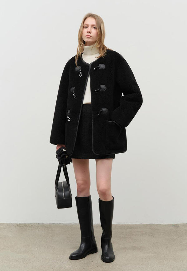 Collarless Buckle Vegan Shearling Jacket Black