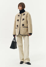 Collarless Buckle Vegan Shearling Jacket Cream/Brown