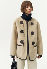 Collarless Buckle Vegan Shearling Jacket Cream/Brown