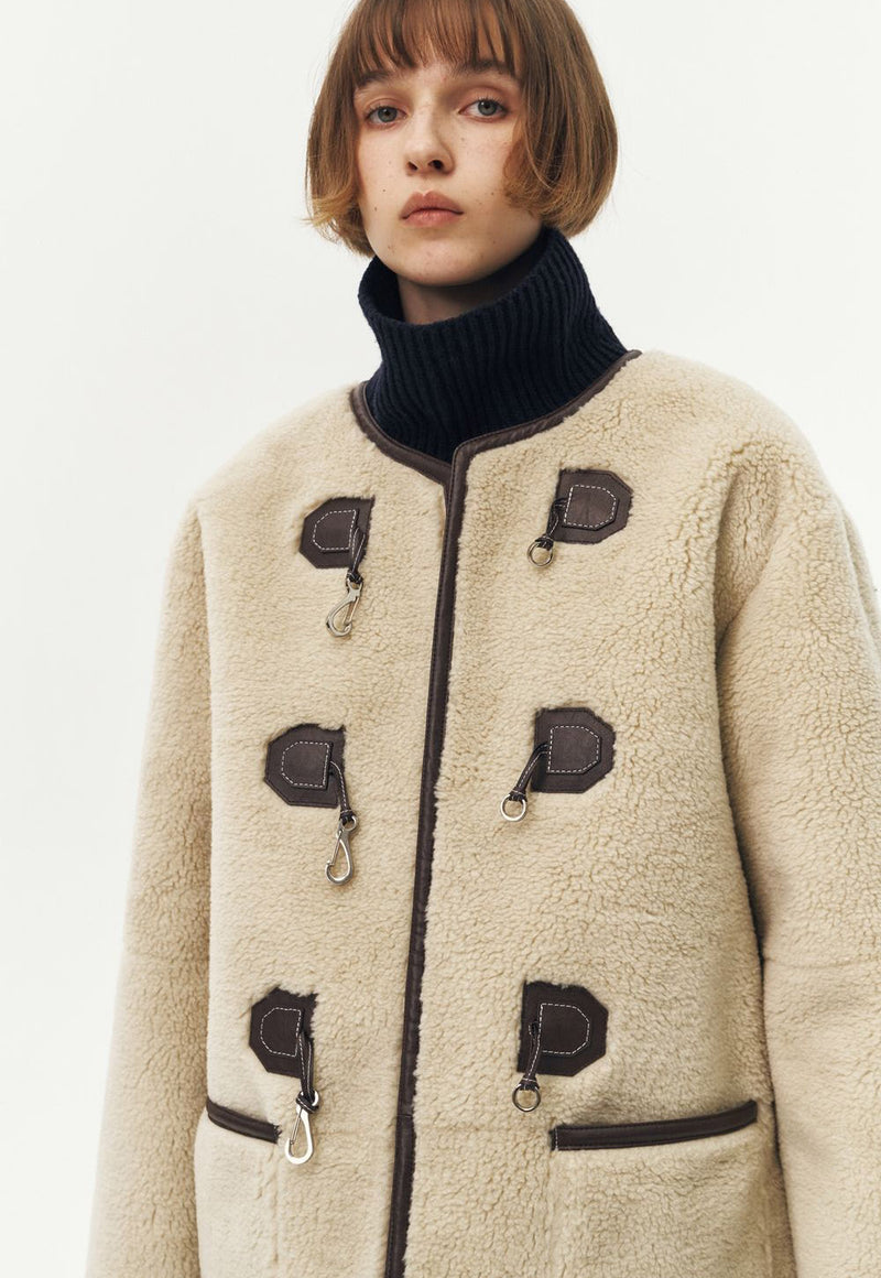 Collarless Buckle Vegan Shearling Jacket Cream/Brown