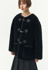 Collarless Buckle Vegan Shearling Jacket Black