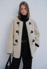 Collarless Buckle Vegan Shearling Jacket Cream/Brown