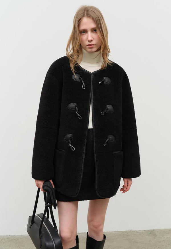 Collarless Buckle Vegan Shearling Jacket Black