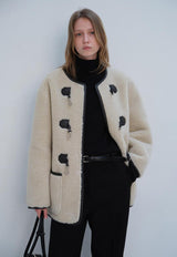 Collarless Buckle Vegan Shearling Jacket Cream/Brown