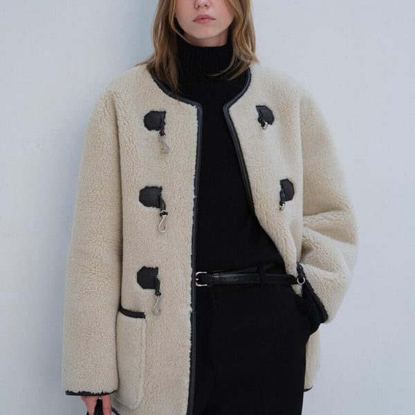 ★Dunst★ COLLARLESS BUCKLED SHEARLING JACKET CREAM_UDJU4D22 Collarless Buckled Shearling Jacket by DUNST | Rent the Runway
