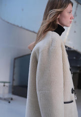 Collarless Buckle Vegan Shearling Jacket Cream/Brown