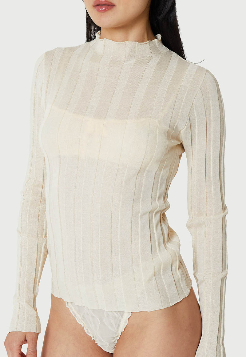 Wide Ribbed Knit Mock Neck Ecru