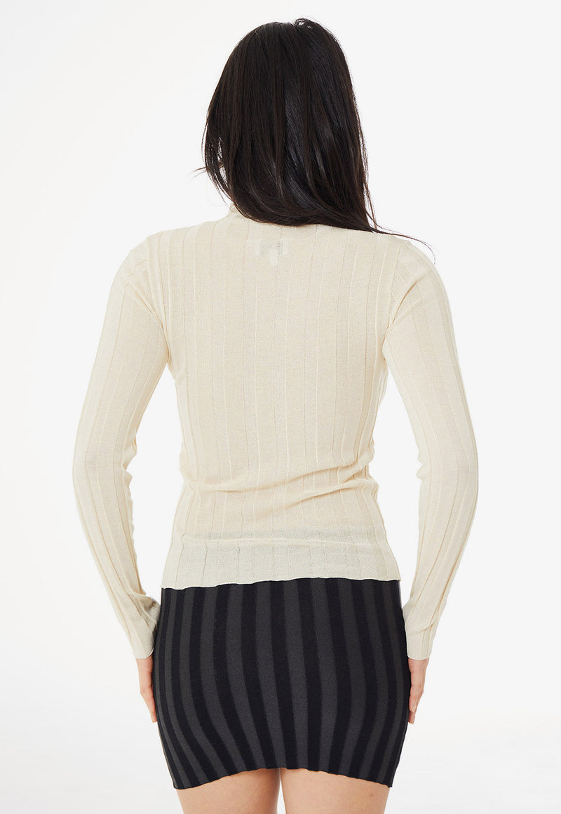 Wide Ribbed Knit Mock Neck Ecru