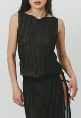 Pleated Light Lurex Boat Neck Tank Top Black