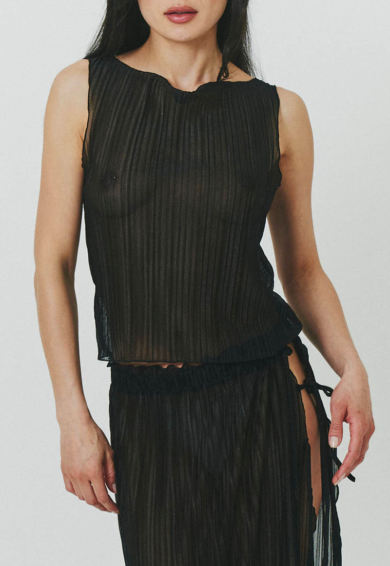 Pleated Light Lurex Boat Neck Tank Top Black