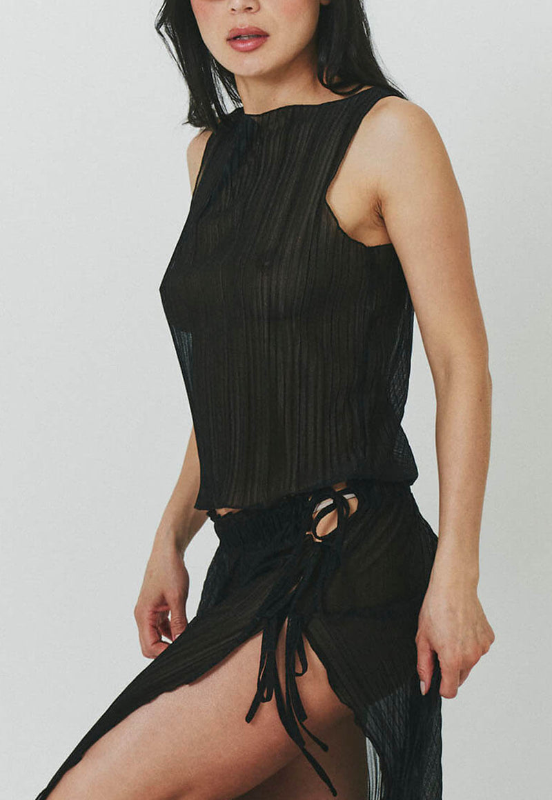 Pleated Light Lurex Boat Neck Tank Top Black