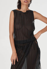 Pleated Light Lurex Boat Neck Tank Top Black