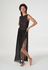 Pleated Light Lurex Boat Neck Tank Top Black