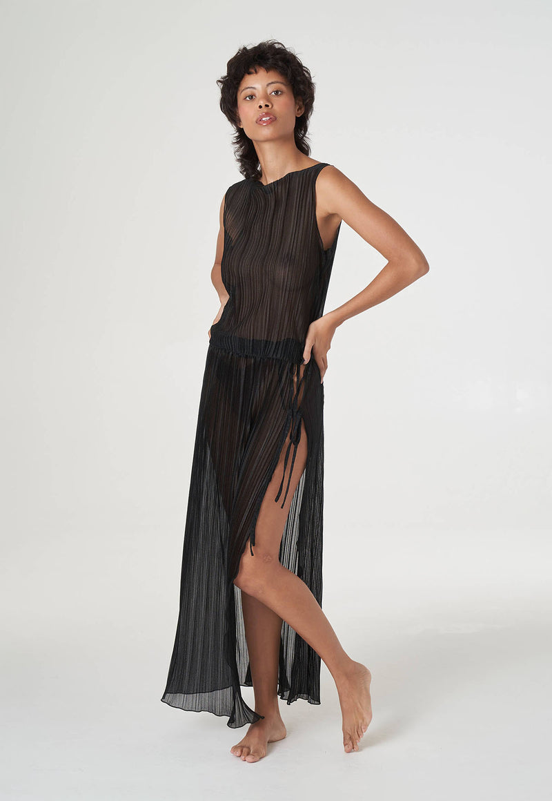 Pleated Light Lurex Boat Neck Tank Top Black