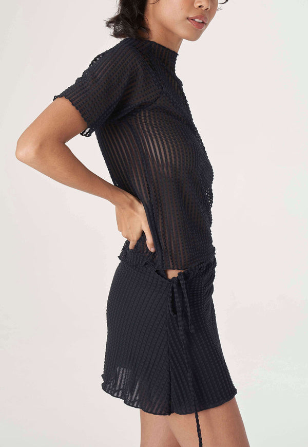 Addison Seersucker Raglan Mockneck Top Black