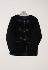 Collarless Buckle Vegan Shearling Jacket Black