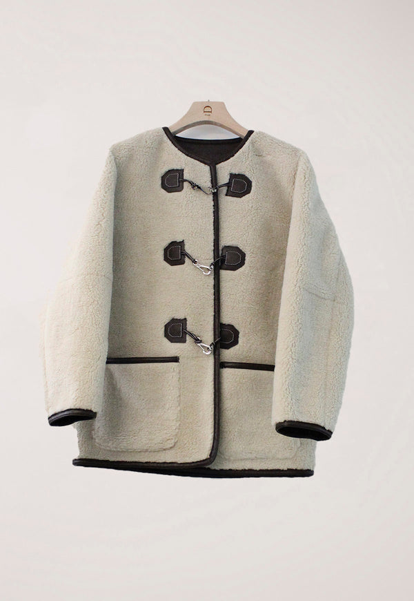 Collarless Buckle Vegan Shearling Jacket Cream/Brown