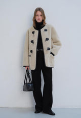 Collarless Buckle Vegan Shearling Jacket Cream/Brown