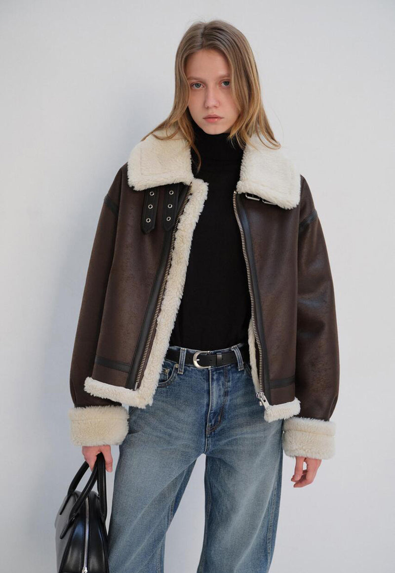 Loose Fit Vegan Shearling Jacket Brown