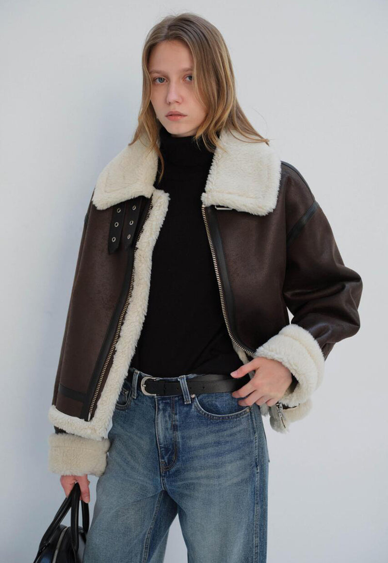 Loose Fit Vegan Shearling Jacket Brown