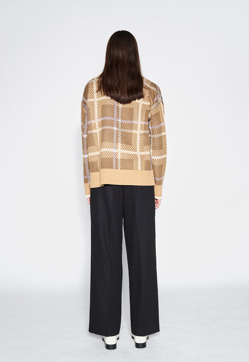 Check Unbalance Knit Top Mocha